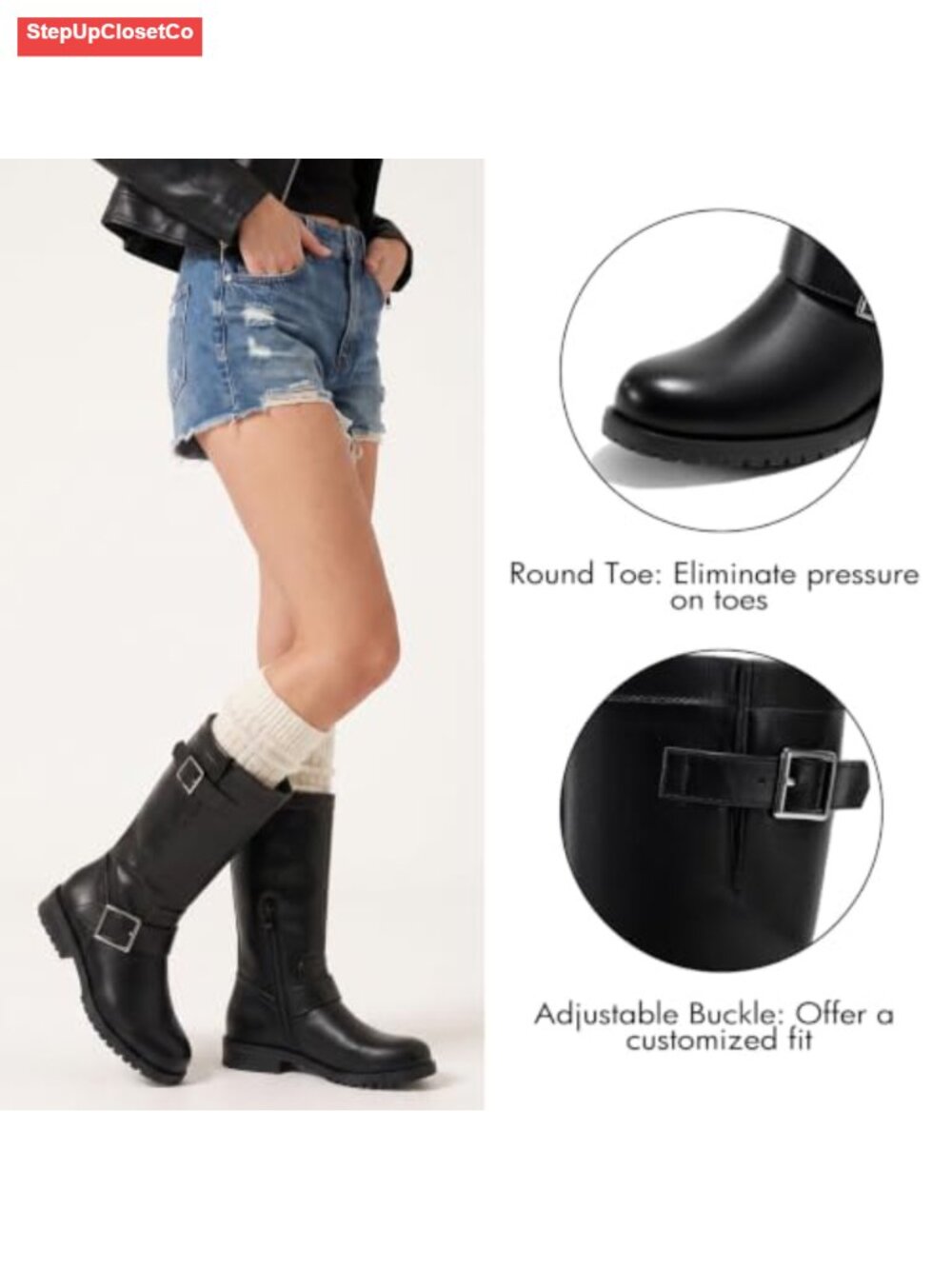 Mid Calf Combat Boots Low Heel Zipper Motorcycle Biker Boots Faux Leather - Picture 3 of 6